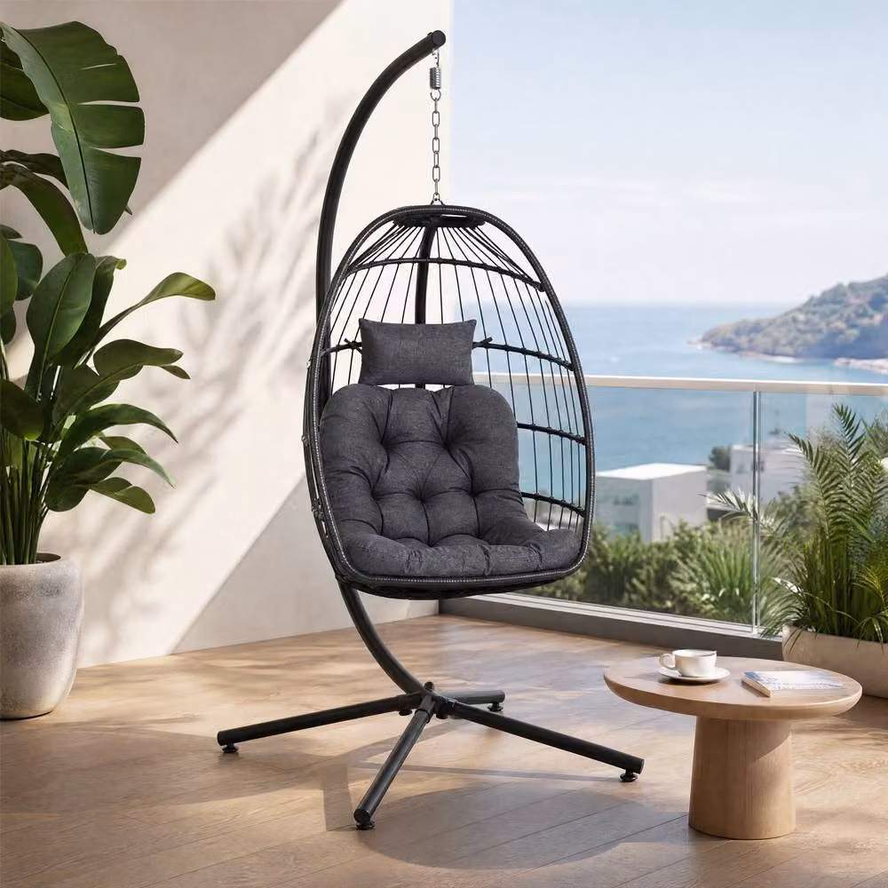Living and Home Egg-Shaped Hanging Lounge Chair with Cushions and Headrest in Black – 5