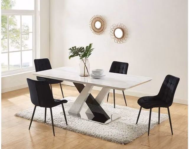 Vente-unique 8-Seat Rectangular Dining Table in Black and White MDF and Stainless Steel