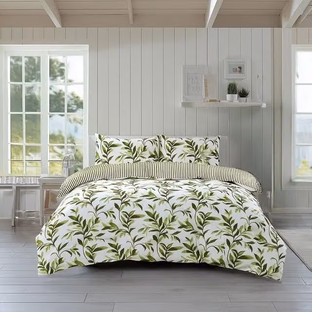 Home Sweet Home UK Reversible Green Leaf and Striped Polycotton Duvet Cover and Pillowcase Set, W/D/H: 135 x 200 cm – 1