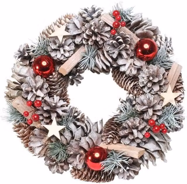 KDMD Woodland Snow Christmas Wreath with Red Baubles and Stars in Multicolour – 1