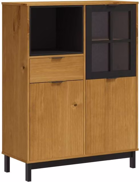 Berkfield Home FLAM Highboard with Glass Doors in Brown Solid Wood Pine, W/D/H: 92 x 40 x 122.5 cm