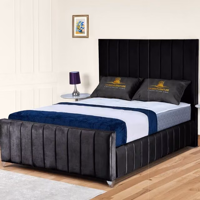 UK Bed Furniture Milano Upholstered Velvet Slatted Base Bed in Black, W/D/H: 120 x 200 cm