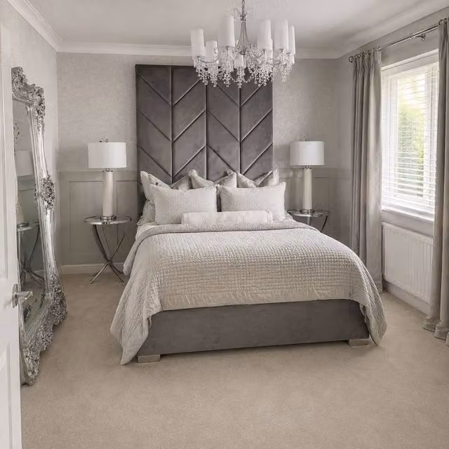 Stratus Interiors Ceasar Arrow Panel Upholstered King Size Bed with Tall Headboard and Metal Gaslift Base in Grey Velvet