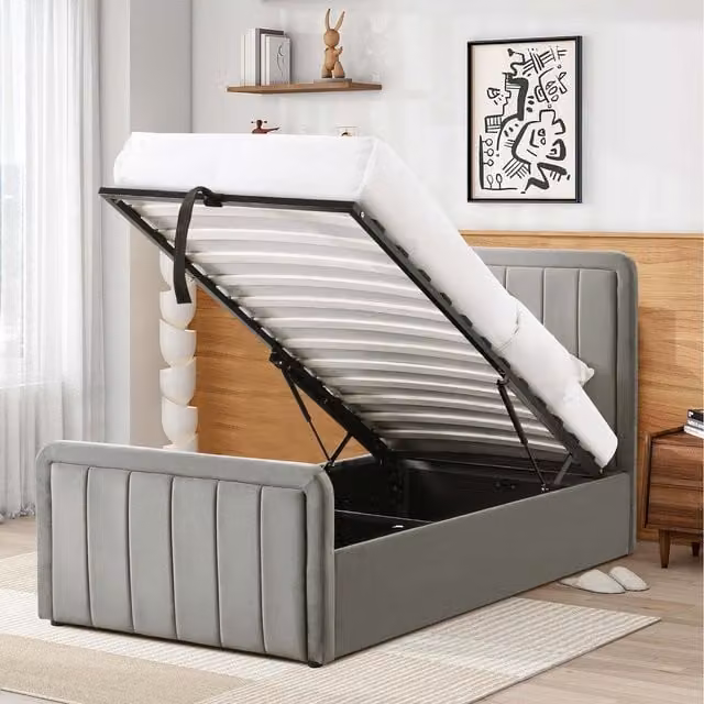 Comfy Living Grey Velvet Ottoman Bed Frame with Lift Up Base, W/D/H: 90 x 190 cm