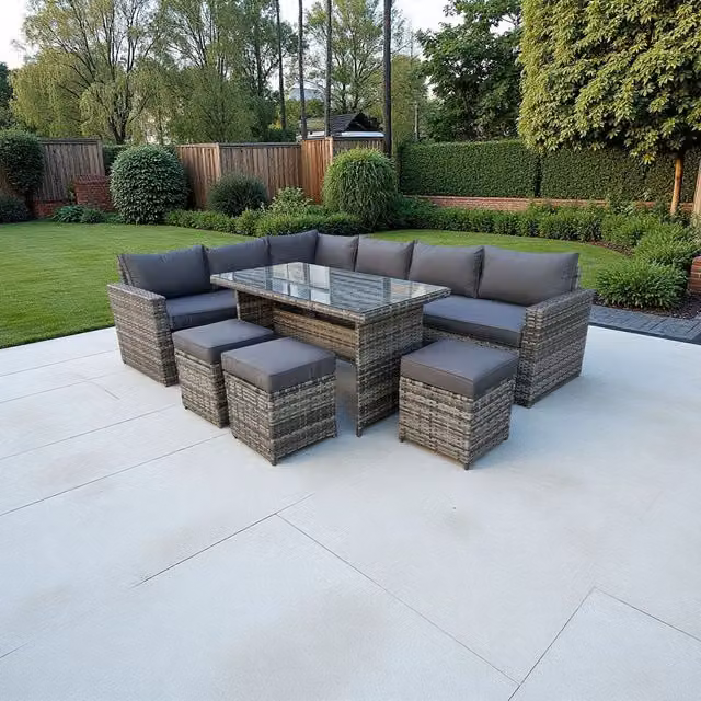 Madefor.living Tarporley 9 Seat Corner Rattan Dining Set with Rising Table in Grey