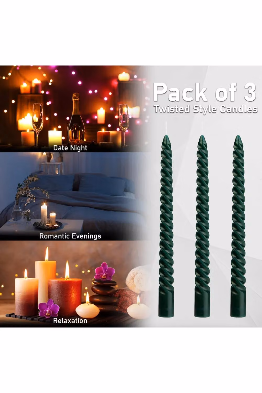 Deco Express Twisted Non Drip Spiral Dinner Candles, Non Scented, Green, Pack of 3 – 4