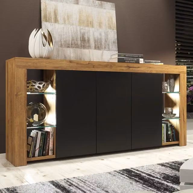 Creative Furniture Eden Sideboard in Black and Brown with Integrated Lighting, W: 164 cm, H: 83 cm, D: 35 cm