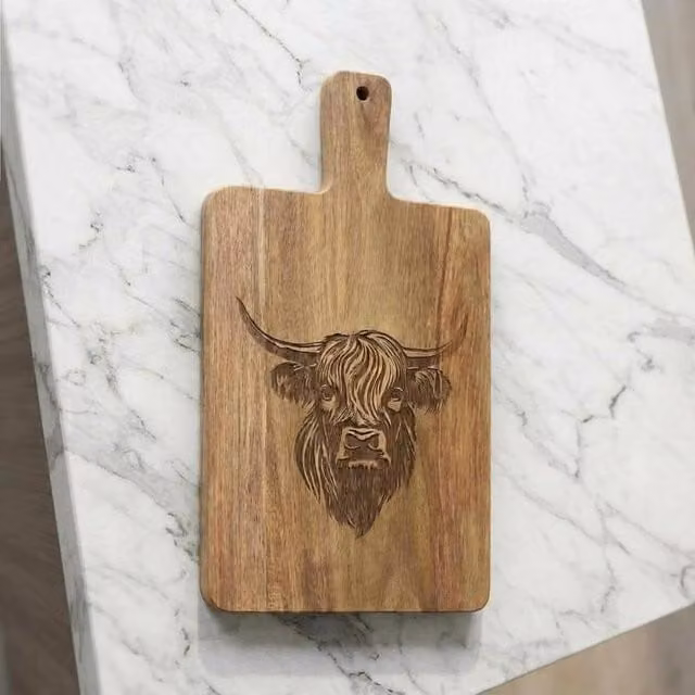 Garden Greatness Highland Cow Wooden Cutting Board in Brown and Multicolour
