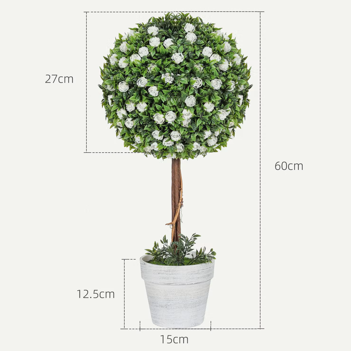 HOMCOM Set of 2 White Artificial Rose Ball Topiary Trees for Indoor and Outdoor Decor, Height: 60 cm – 3