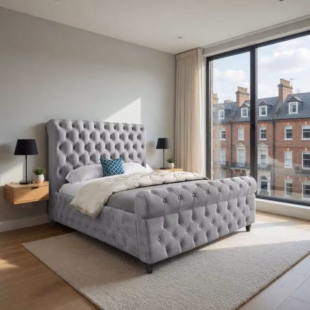 KDMD Tickencote Sleigh Upholstered Designer Bed Frame in Grey Silver Velvet, W/D/H: 140 x 200 cm – 1