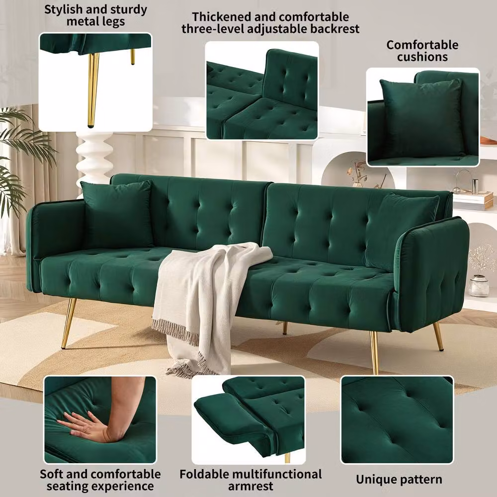 BTM 2 Seater Velvet Folding Sleeper Sofa Bed in Green with Adjustable Headrest and Solid Wood Frame – 2