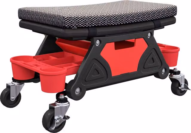 HOMCOM Rolling Mechanic Stool with 360 Degree Swivel, Padded Creeper Seat, Tool Trays and Drawer, Black – 1