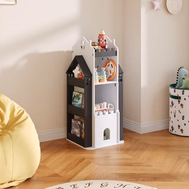 Livingandhome 4-Tier Castle Rotating Bookshelf for Children in Black
