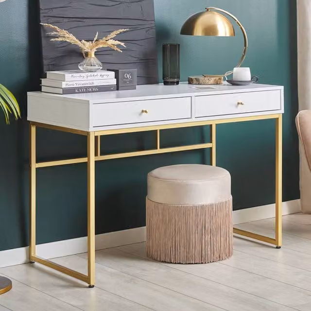 Wyld and Coco White Console Table with 2 Drawers and Gold Base, W: 100 cm, D: 48 cm – 1