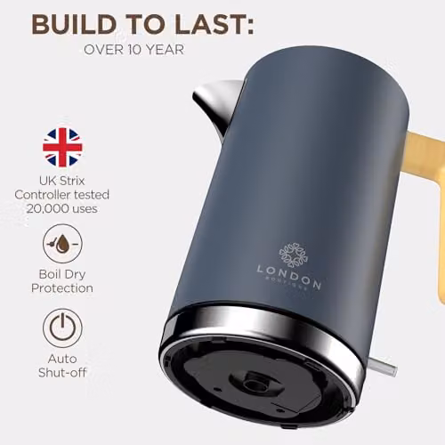 London Boutique Grey Stainless Steel Electric Kettle with Wood Effect, Cordless Fast Boil and Anti-Scale Filter – 3