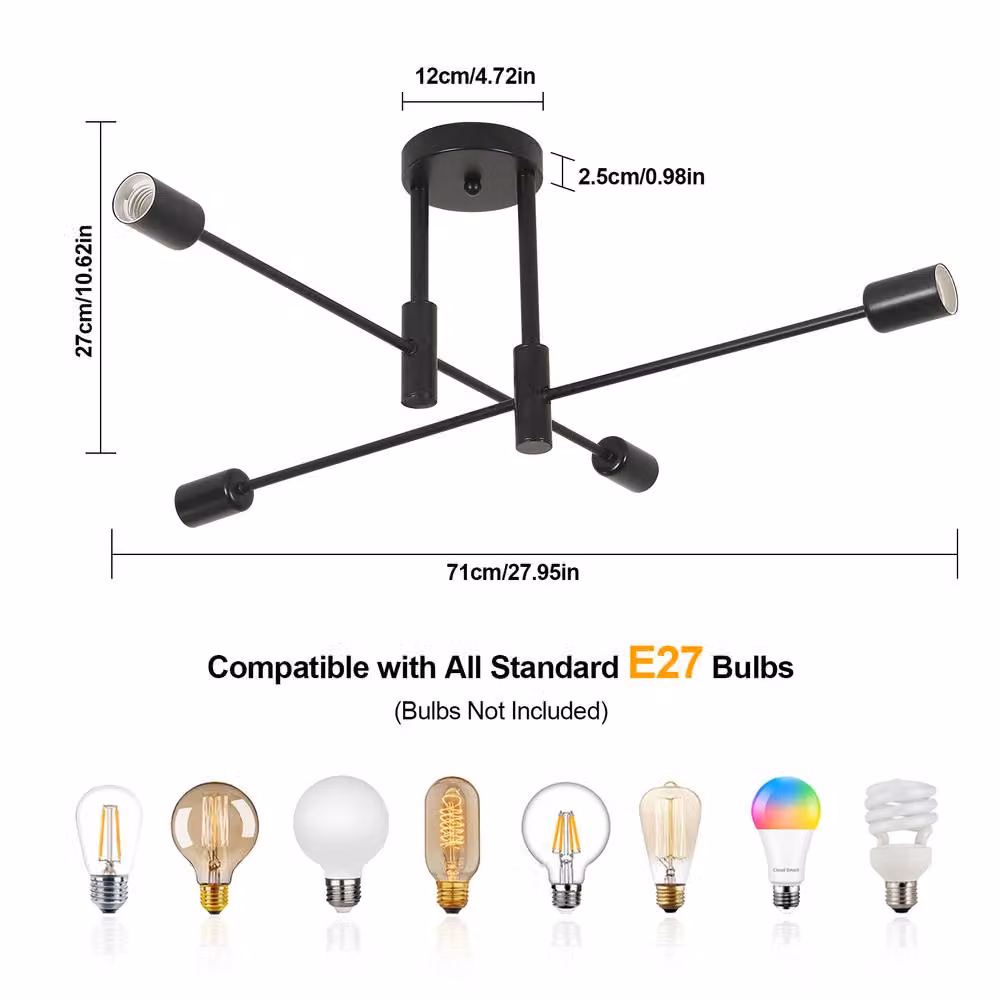 Pheashine Black Sputnik Ceiling Light, 4-Light Industrial Metal Design with E27 Sockets – 2