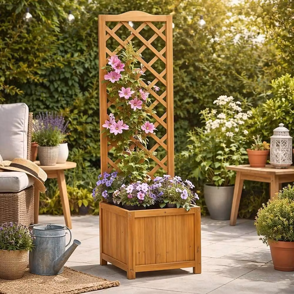 Nordara Brown Wooden Square Planter with Trellis – 4