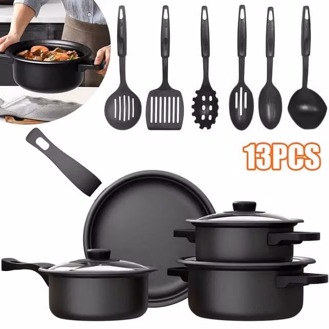 FORGEVIO 13 Piece Non-stick Aluminium Cookware Set including Frying Pans and Saucepans in Black