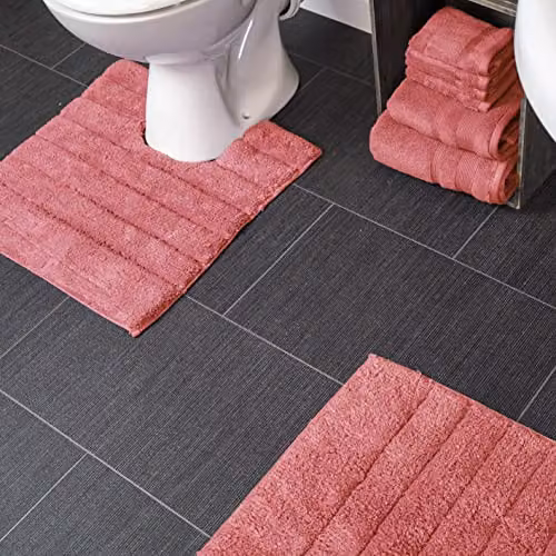 Allure Bath Fashions 2 Piece Ribbed Cotton Bath and Pedestal Toilet Mat Set in Pink – 2