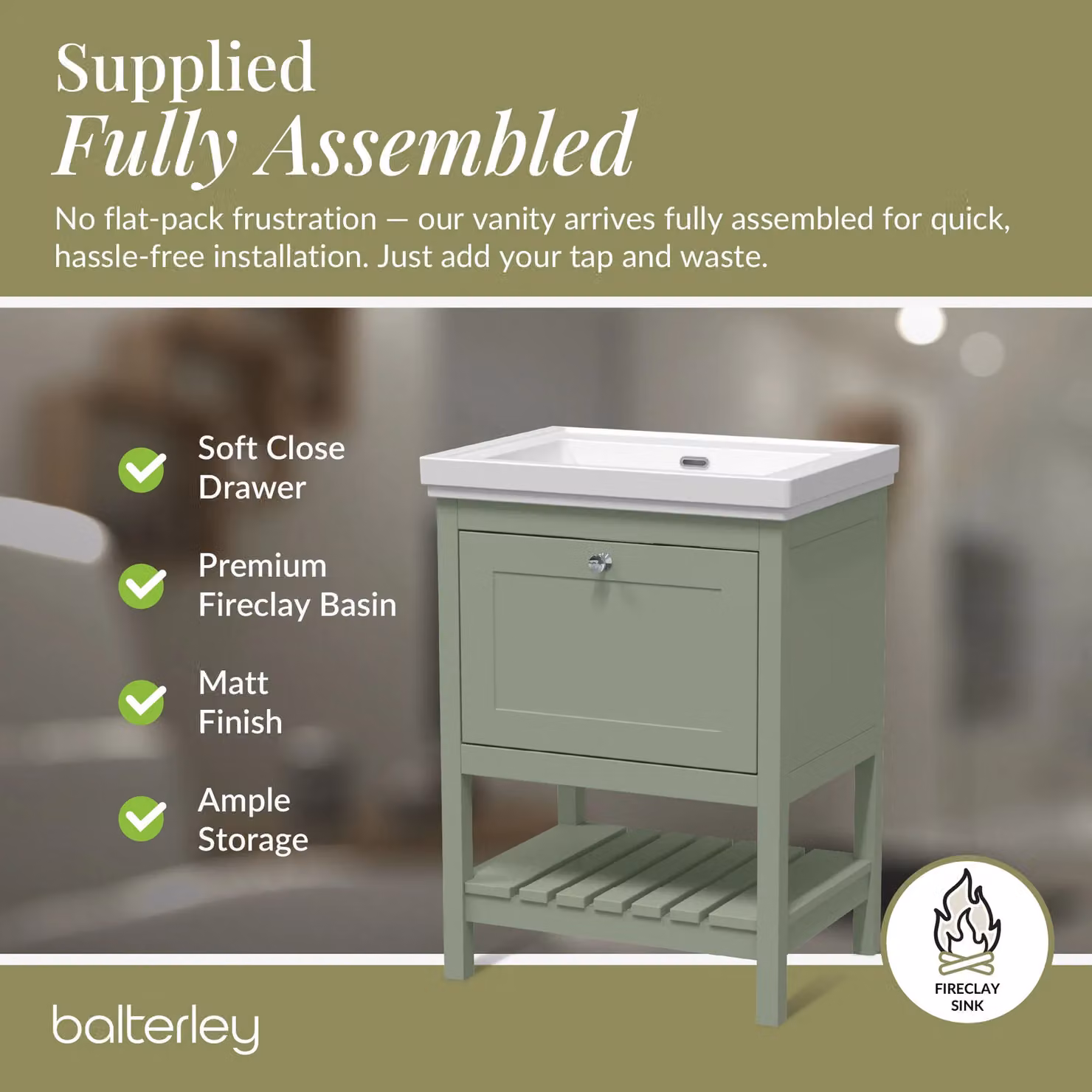 Balterley Freestanding Bathroom Vanity Unit with Basin and Open Shelf, Green, W/D/H: 63.0 x 47.1 x 86.5 cm – 3