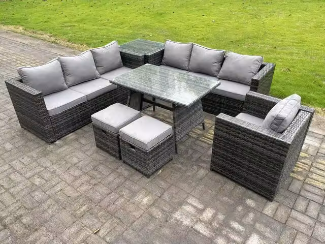 Fimous 9 Seater Rattan Outdoor Garden Dining Set with Table, Armchairs and Side Table in Dark Grey