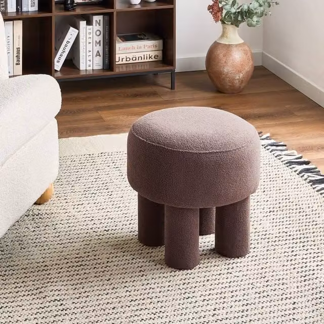 Wyld and Coco Brown Bouclé Cylindrical Footstool Pouffe with Upholstered Legs