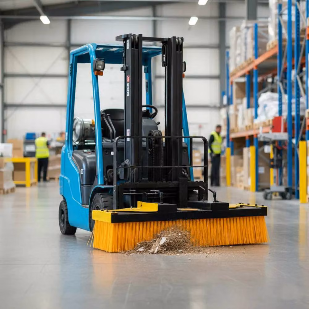 Monstershop Forklift Sweeper Brush Attachment with Stands in Orange and Yellow, 130 cm Wide Heavy Duty Steel Push Broom with Replaceable Polypropylene Bristles – 5