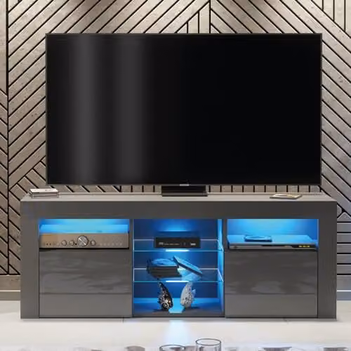 Creative Furniture Modern TV Unit with LED Lighting, Dark Grey and White Gloss Doors, W: 145 cm, H: 53 cm, D: 53 cm – 1
