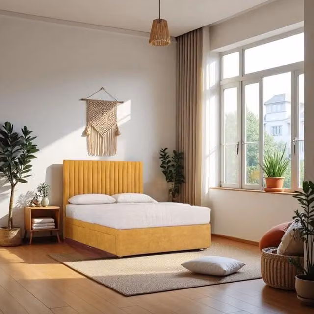 Knight Sleep Emily No Draw Divan Bed Base with Headboard in Yellow Plush Velvet, Super King, W: 200 cm x D: 200 cm