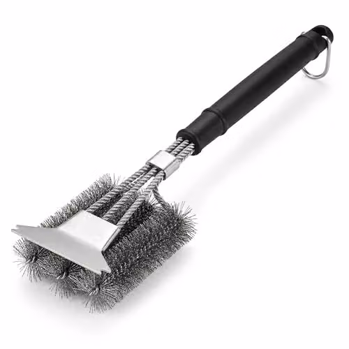 SHATCHI Heavy Duty BBQ Cleaning Brush with Scraper, Stainless Steel Wire Bristles and Long Handle for Gas or Charcoal Grills, Black and Silver – 1