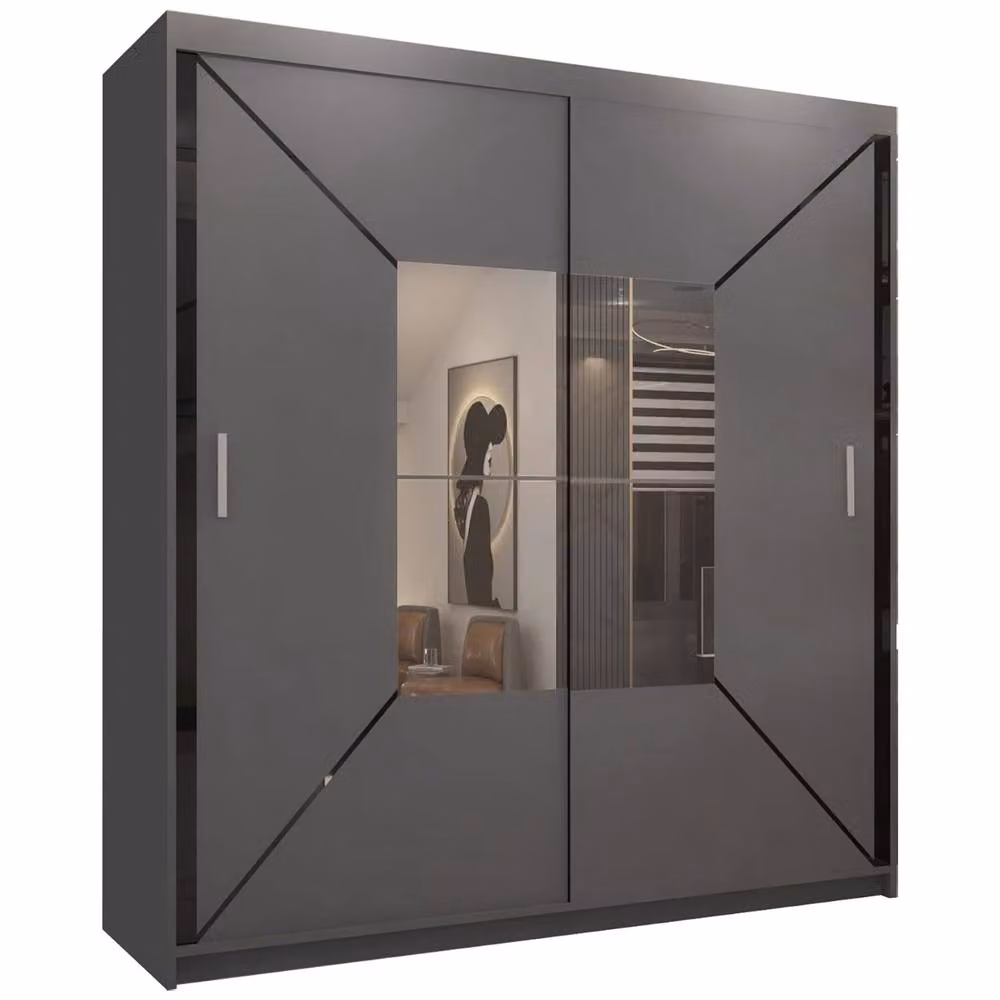 Sliding Wardrobes 4U Modern Double Sliding Wardrobe with Integrated LED Light and Mirror in Grey, W: 203 cm, H: 217 cm, D: 62 cm – 2