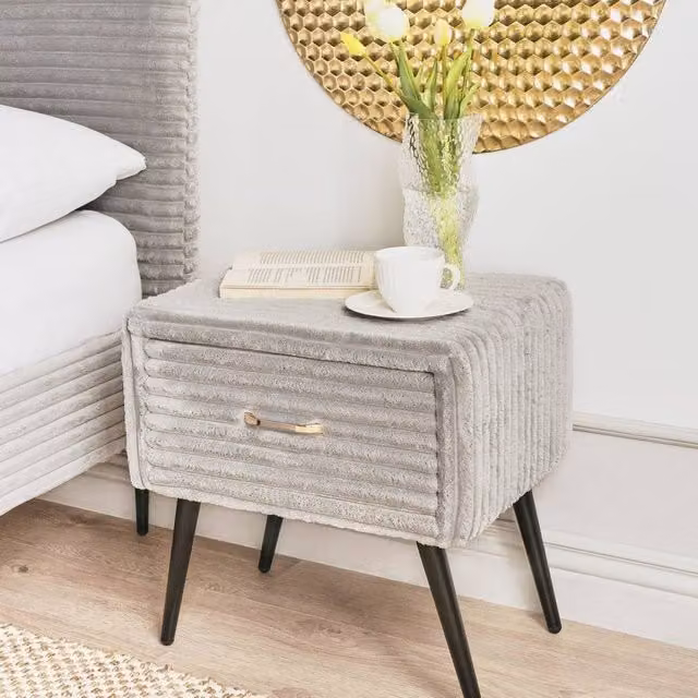 Wyld and Coco Bedside Table in Light Grey Jumbo Corduroy with 1 Drawer