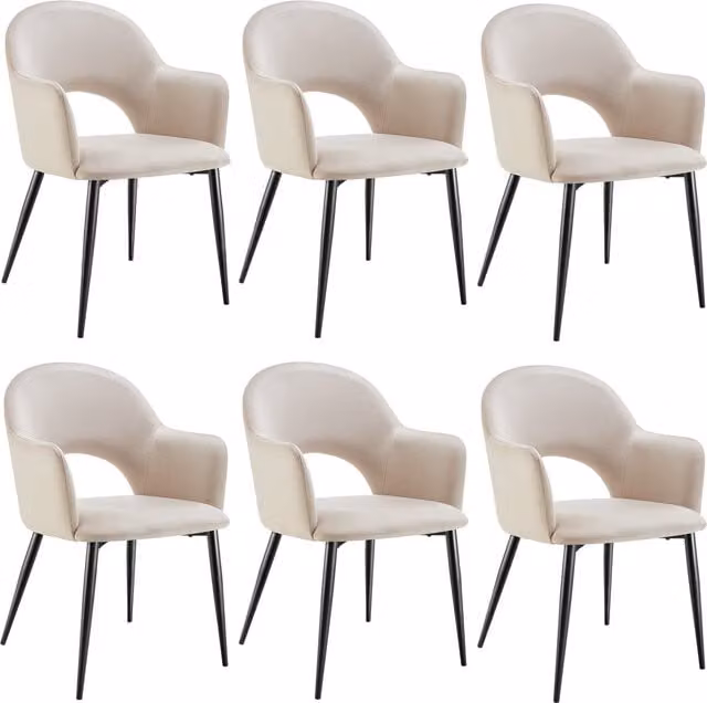 Tectake Sachel Dining Chair Set of 6, Beige Velvet Fabric Armchair with Metal Frame