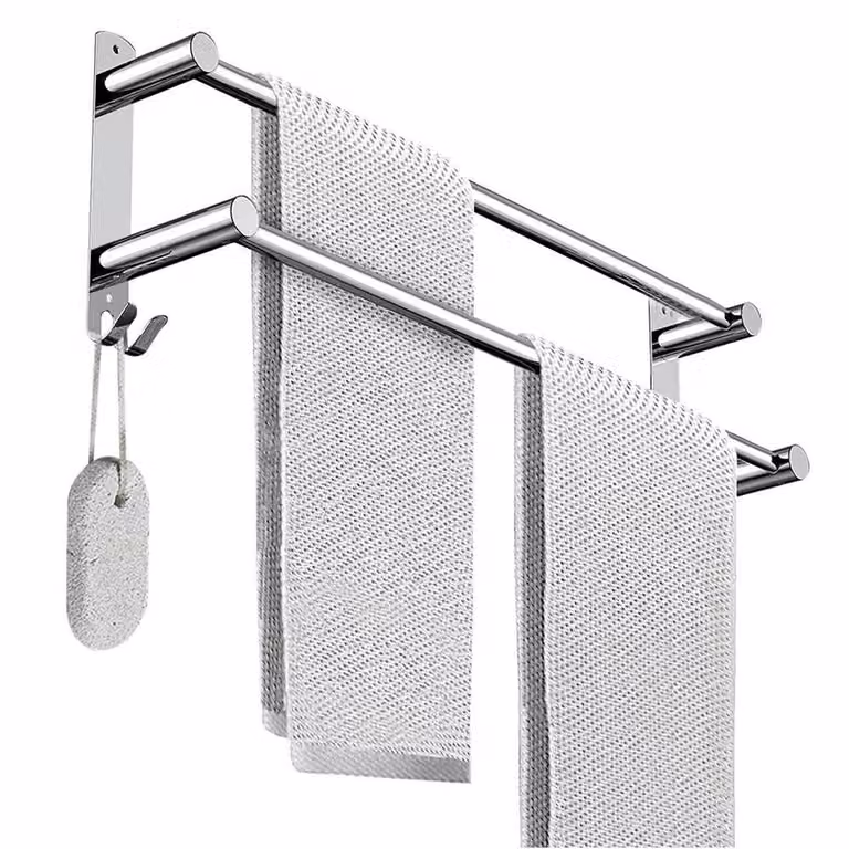 FORGEVIO Silver Double Towel Rail Bathroom Rack Shelf, W: 180 cm, H: 180 cm