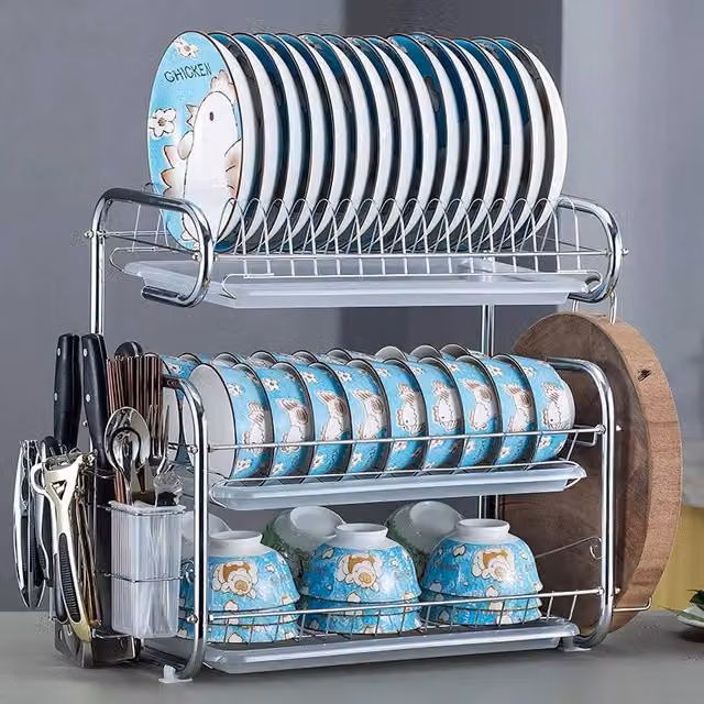 Kelvenix 3-Tier Dish Drying Rack with Drip Tray, Cutlery and Cup Holder in Silver