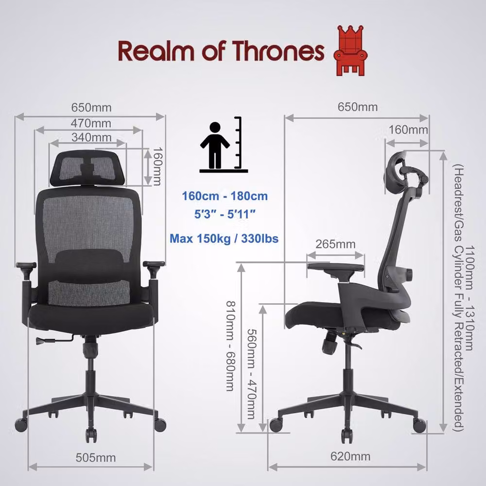 Realm of Thrones Ergonomic Black Fabric Office Chair with Headrest and Armrests – 8