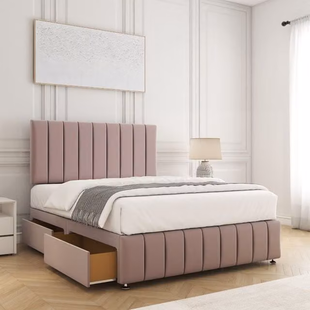 BSSPOKE Sierra Small Double Divan Bed with 24 inch Headboard, 2 Drawers and Mattress in Pink Plush Velvet