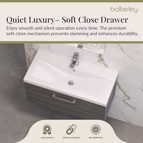 Balterley Wall Hung Single Drawer Vanity Unit with Mid Edge Sink and Handle in Woodgrain Anthracite, W: 81.0 cm, D: 39.0 cm, H: 39.9 cm – 3