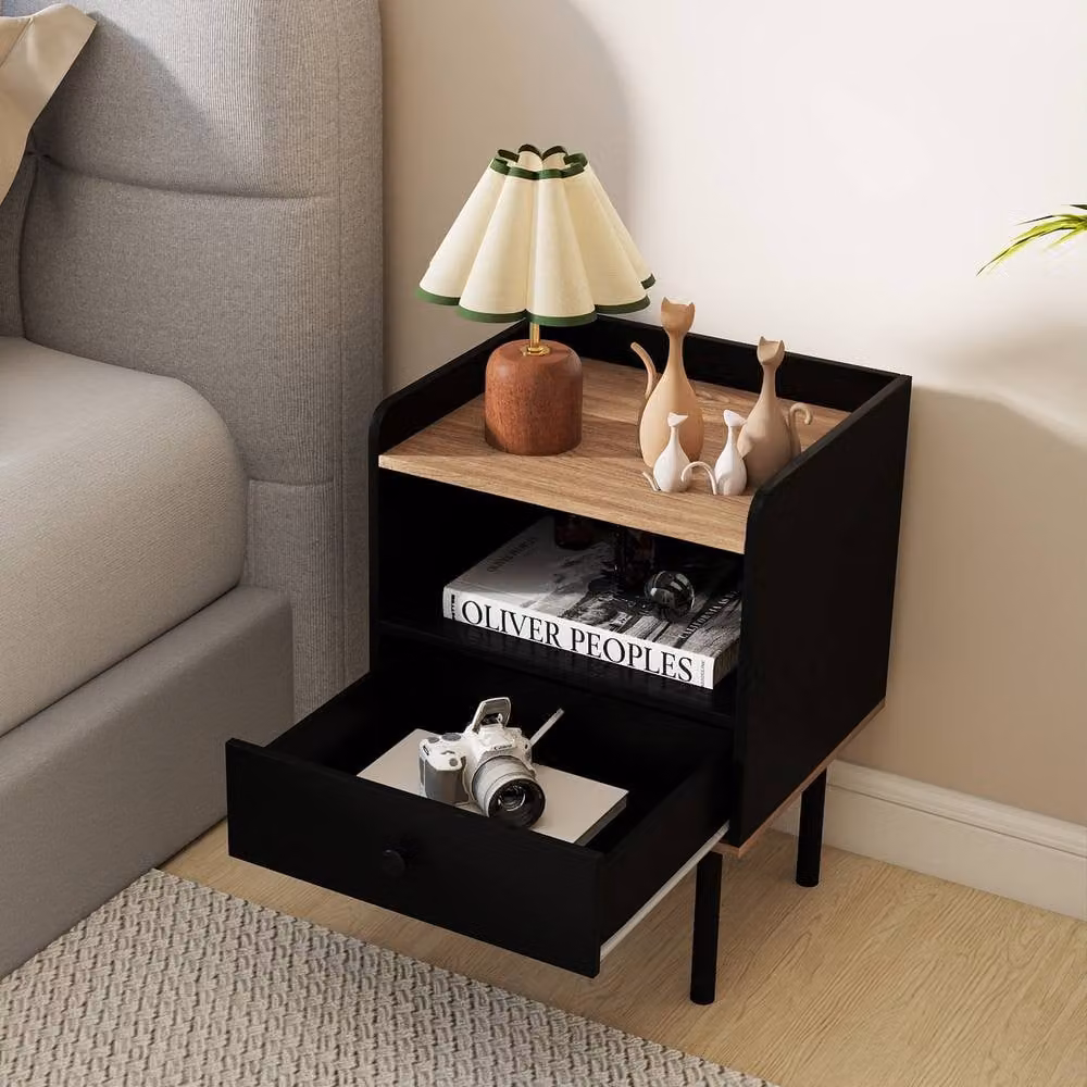 Gymax Modern Black Nightstand Bedside Table with Open Storage Shelf and Drawer – 2