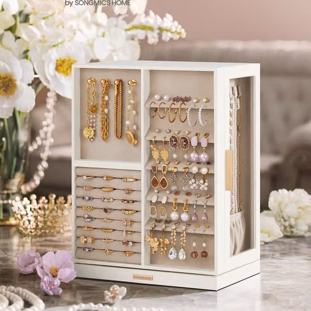 SONGMICS 360 Rotating Jewellery Box with 7 Drawers, White