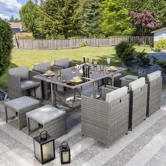 Home Garden Direct Athena 10 Seater Grey Polyrattan Cube Dining Set with Glass Table