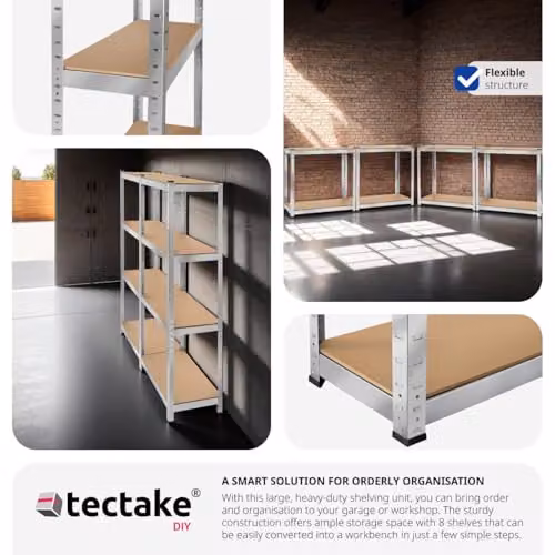tectake Set of 2 Heavy-Duty Garage Shelving Units with Galvanised Steel Frames and 8 Adjustable MDF Shelves, Silver, W/D/H: 160 x 40 x 160 cm – 3