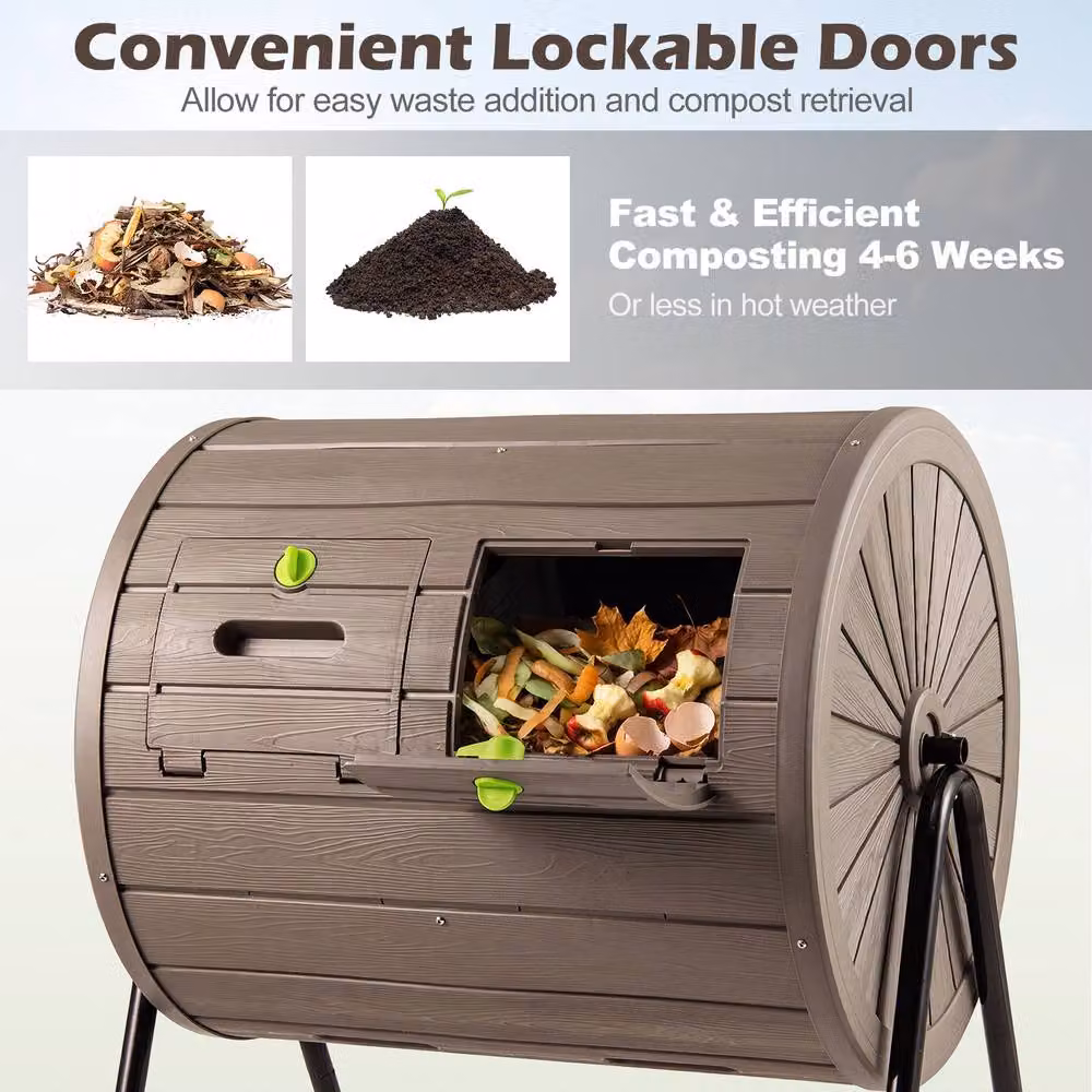 Costway Dual Chamber Tumbling Composter with 2 Doors, 37.5 Gallon, Brown – 6