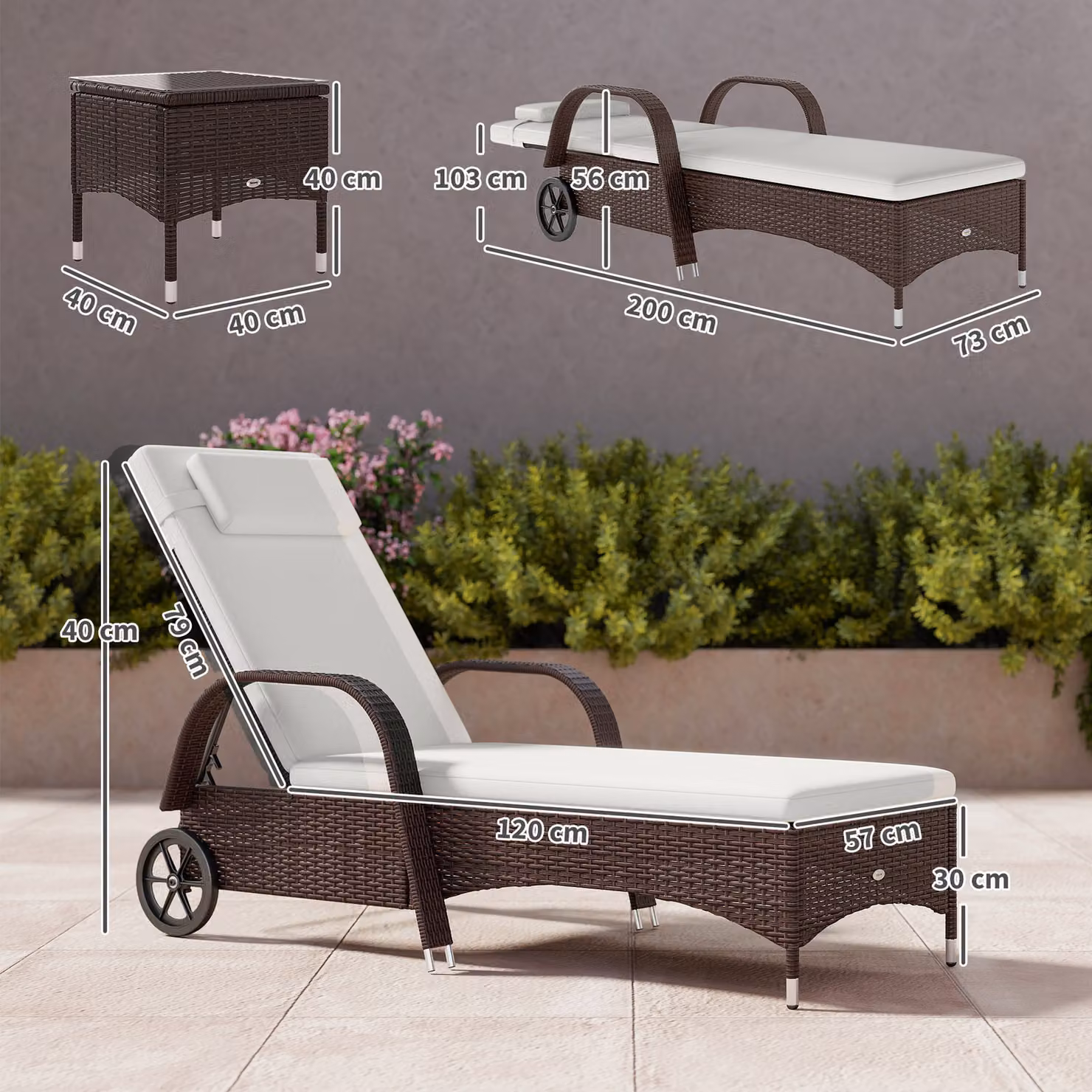 Outsunny 3 Piece Brown PE Rattan Patio Lounge Chair Set with Cushions and Castors – 2