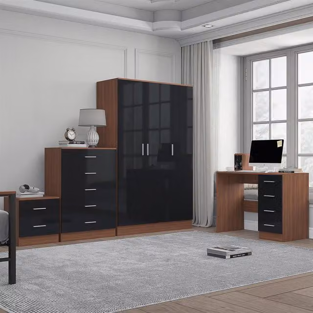 REFLECT Furniture Bundle with 3-Door Wardrobe, Chest of Drawers, Bedside Table and Desk in Black Gloss and Matt Walnut