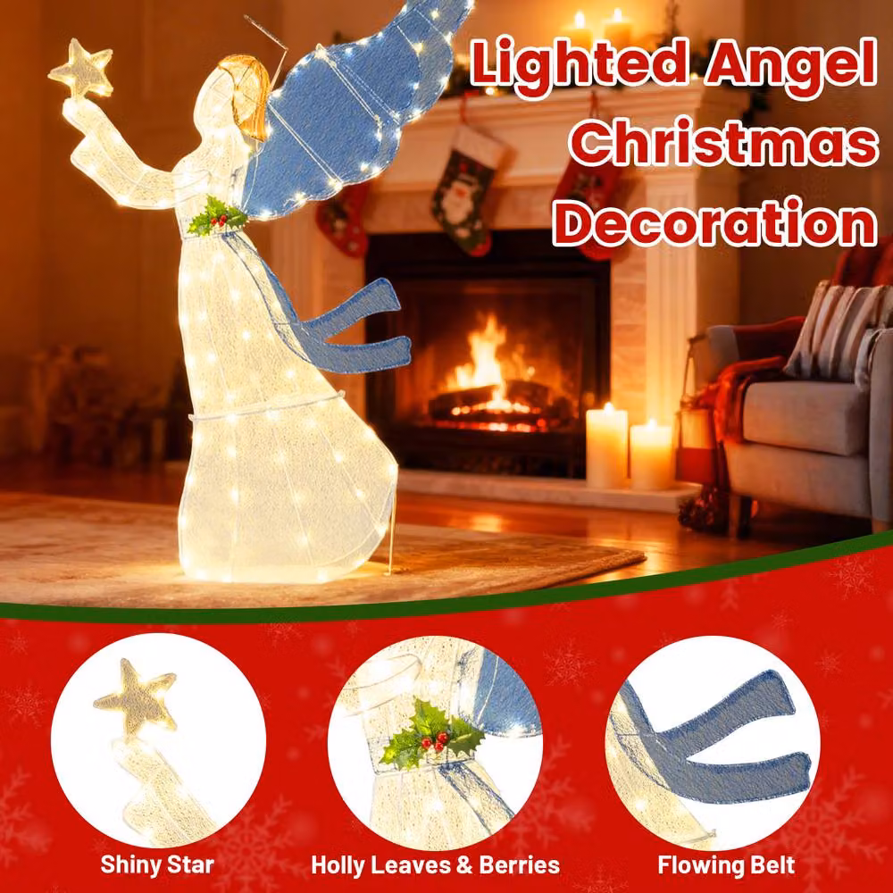 Costway 5FT 3D Glittered Christmas Angel Decoration with Wings and LED Lights in White and Multicolour, Height: 152.4 cm – 5