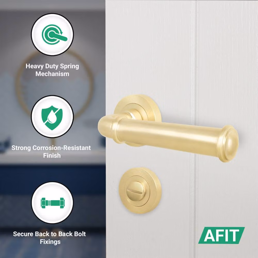 AFIT Satin Brass Bathroom Door Handle Set with Lock and Hinges in Gold – 2