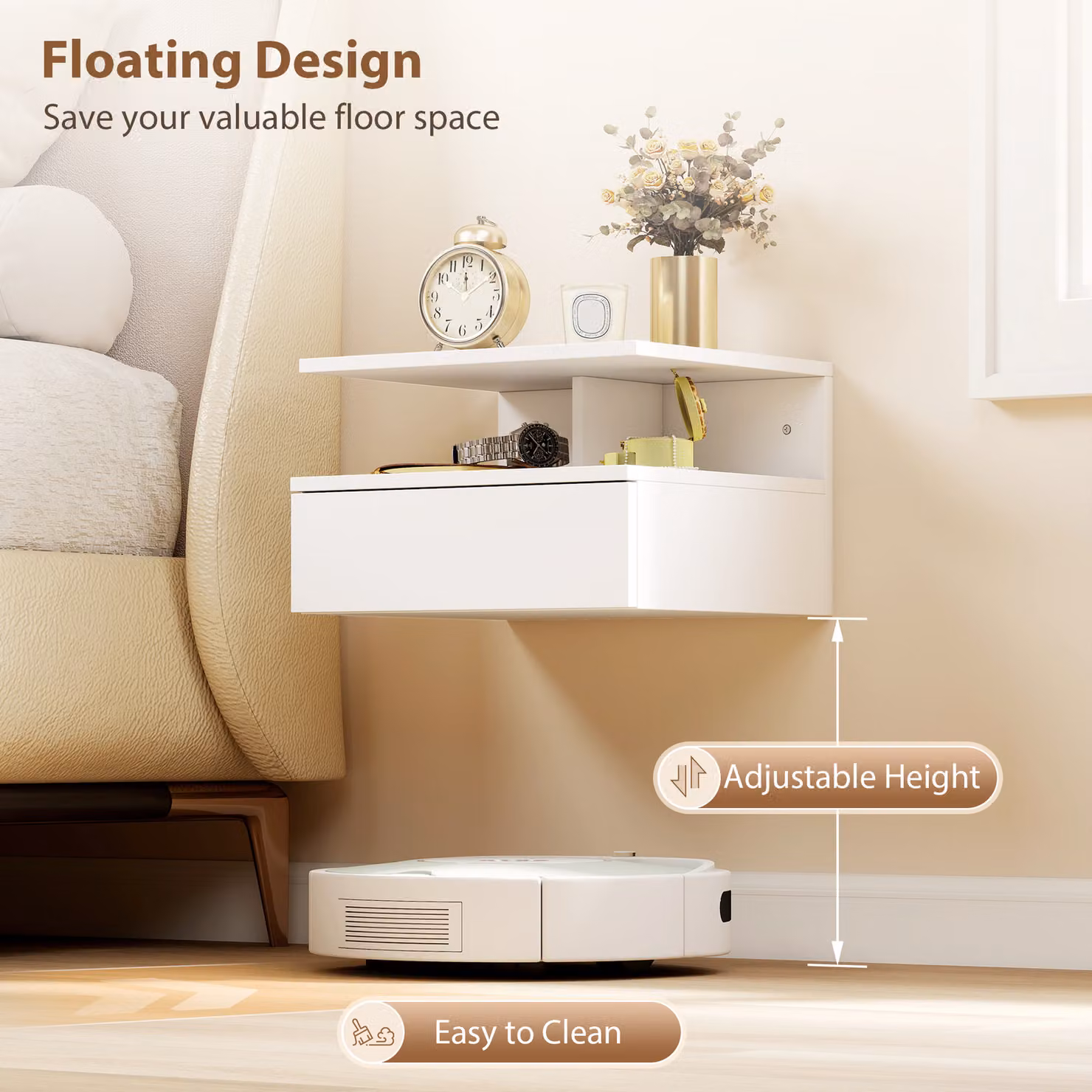 HOMCOM Set of Two White Floating Bedside Tables – 3