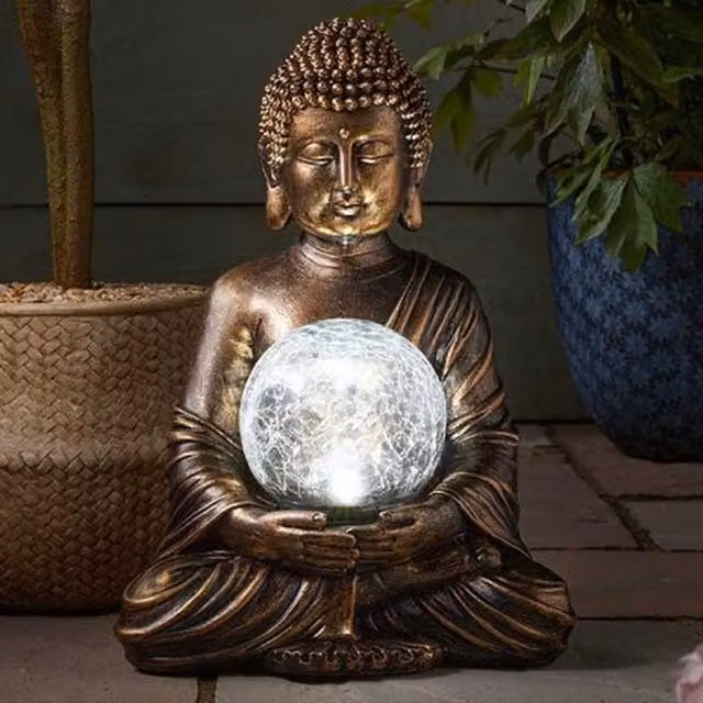 Garden Mile Gazing Solar Buddha Lantern in Bronze