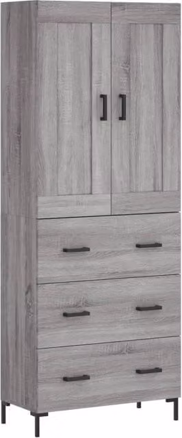 Berkfield Home Modern Grey Highboard with Hinged Doors and Internal Shelves, W/D/H: 69.5 x 34 x 180 cm
